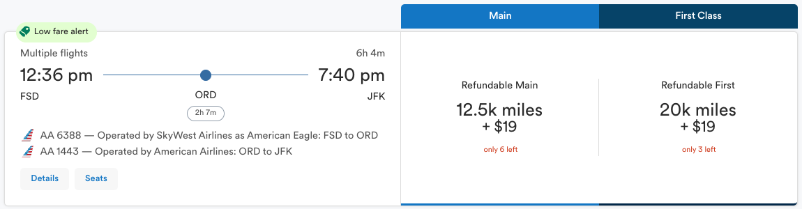 Alaska Air economy class award booking from Sioux Falls (FSD) to New York (JFK) for 12,500 miles each. 